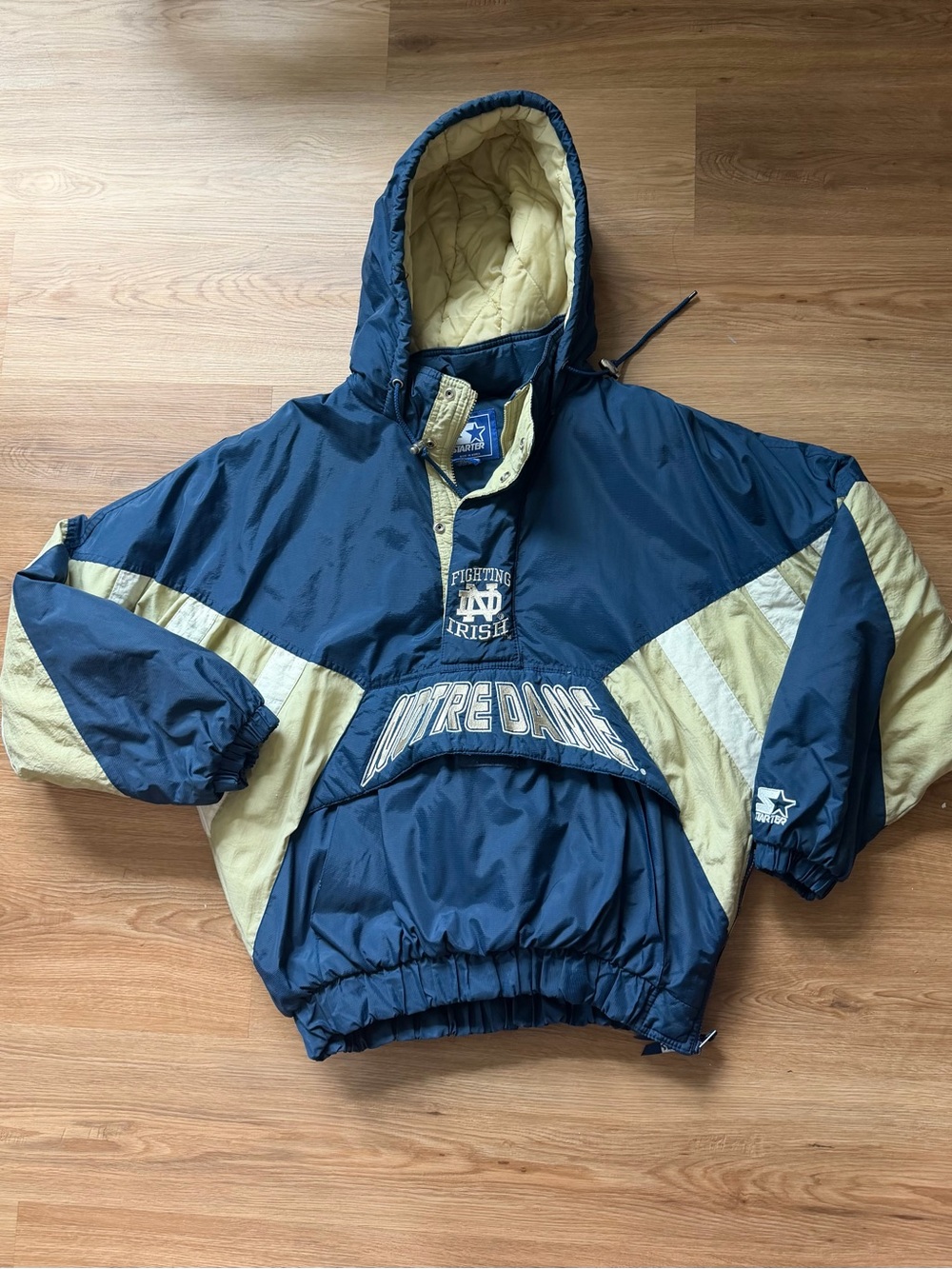 Vintage 90s Starter Notre Dame Navy & Gold Mens Pullover Hoodie Jacket